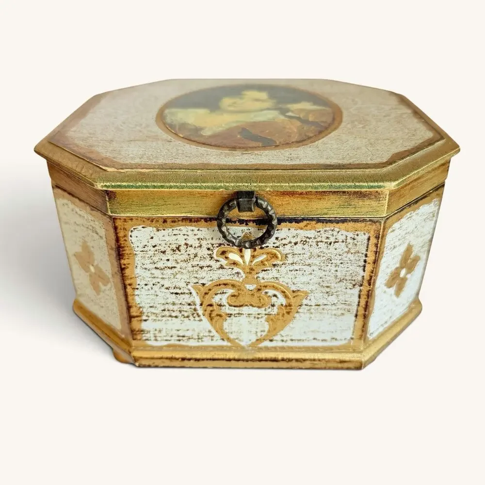 Vintage Enesco Japan Wooden Music Jewelry Box Victorian Girl Gold Red Interior